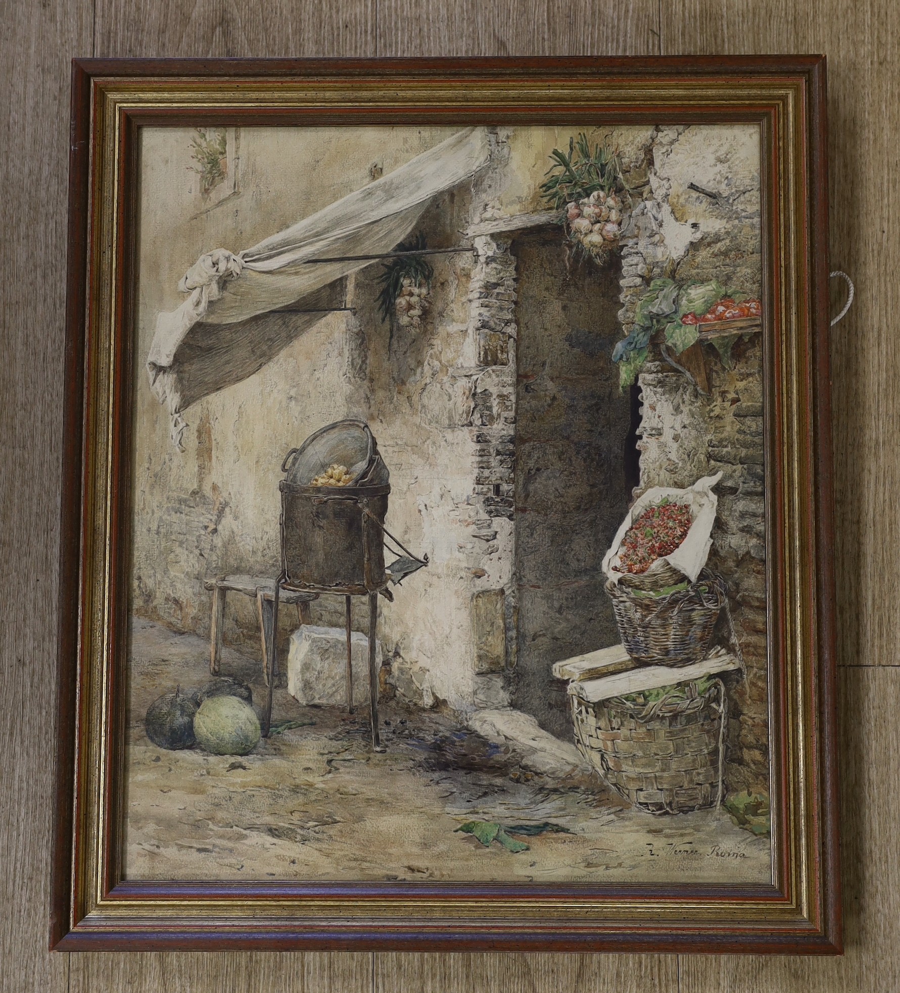 Rudolf G. Werner (1893-1957), watercolour, Produce beside a cottage doorway, signed and inscribed Roma, 46 x 38cm